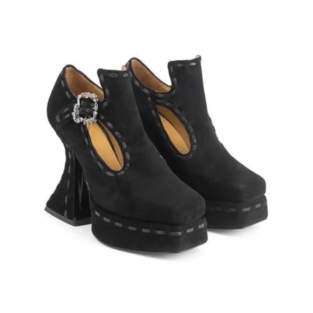 John Fluevog Mega Munster Clique Platform T-strap Heels Gothic Pumps Black Suede